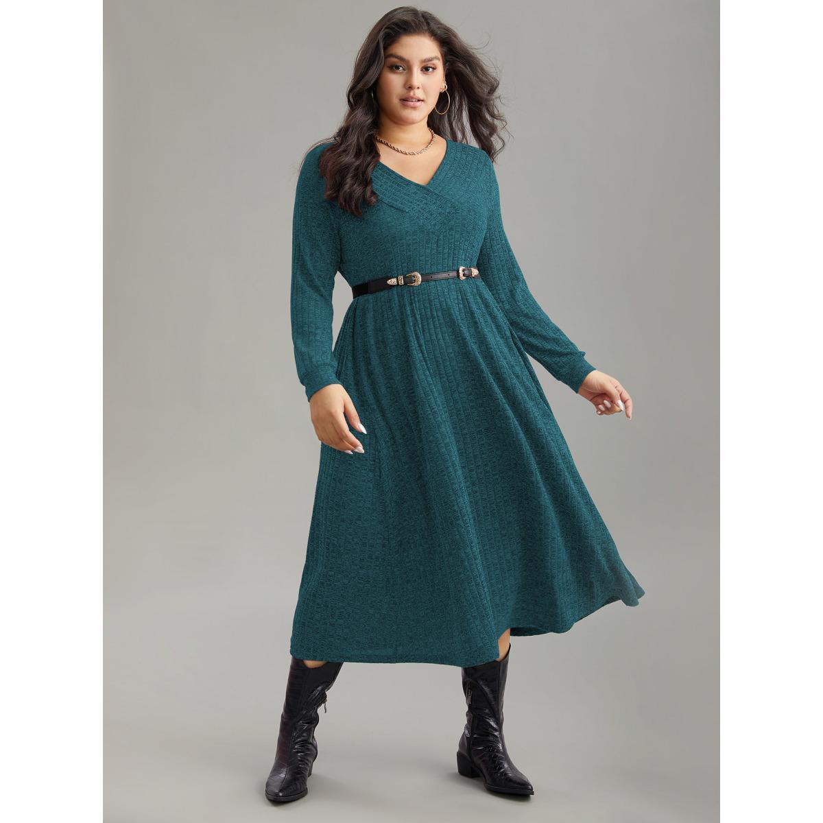 Plus Size Rib Knit Plain Plisse Long Sleeve Dress Aegean Women Casual Rib Knit V-neck Long Sleeve Curvy Midi Dress BloomChic 18-20/2X Product Image