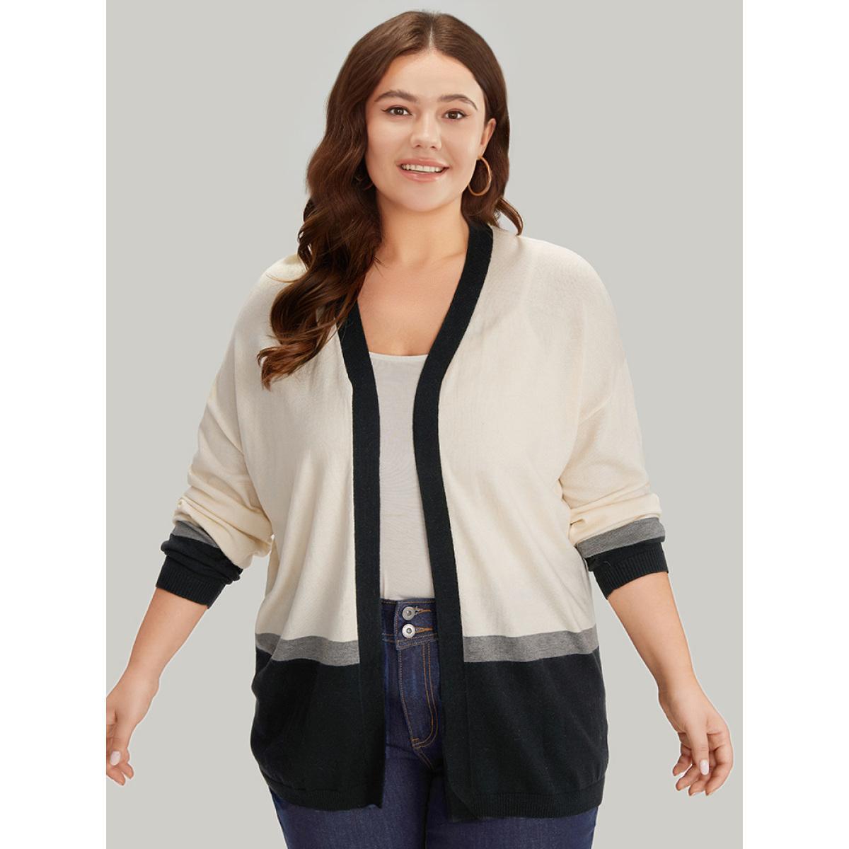 Plus Size Supersoft Essentials Colorblock Contrast Elastic Cuffs Cardigan Apricot Women Casual Loose Long Sleeve Work Cardigans BloomChic 28/5X Product Image