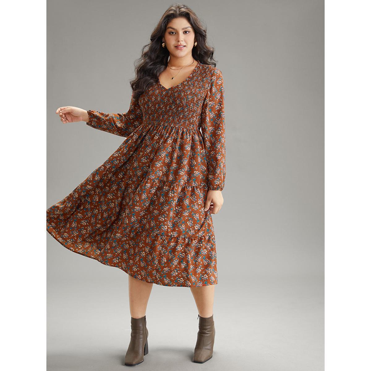 Plus Size Ditsy Floral Shirred Flutter Layered Hem Dress Rust Women Elegant Elastic cuffs V-neck Long Sleeve Curvy Midi Dress BloomChic 22-24/3X Product Image
