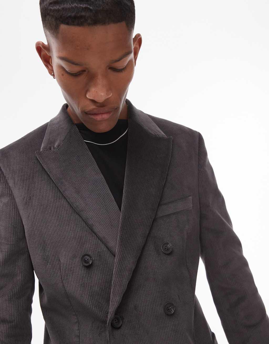 Topman skinny cord suit jacket in charcoal Product Image