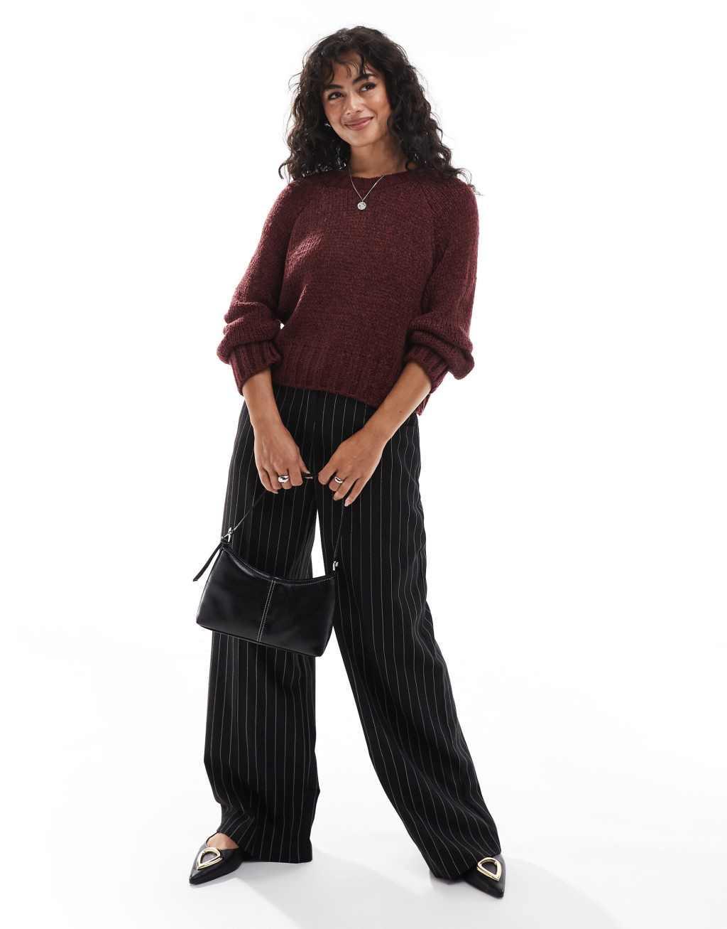 ASOS DESIGN knit crew neck loose knit boucle sweater in burgundy  Product Image