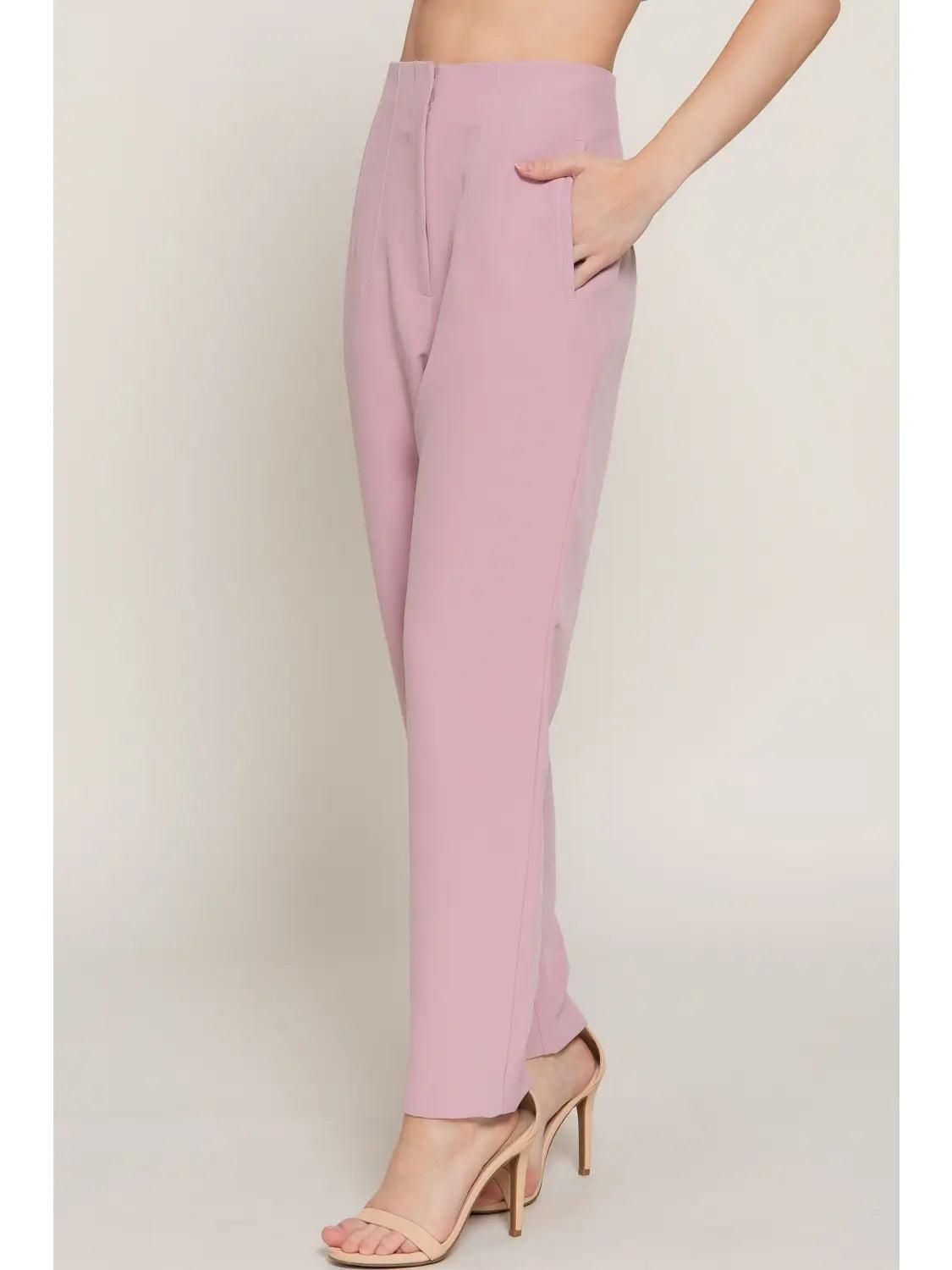 Pale Pink High Waist Pintuck Detail Long Pants Product Image