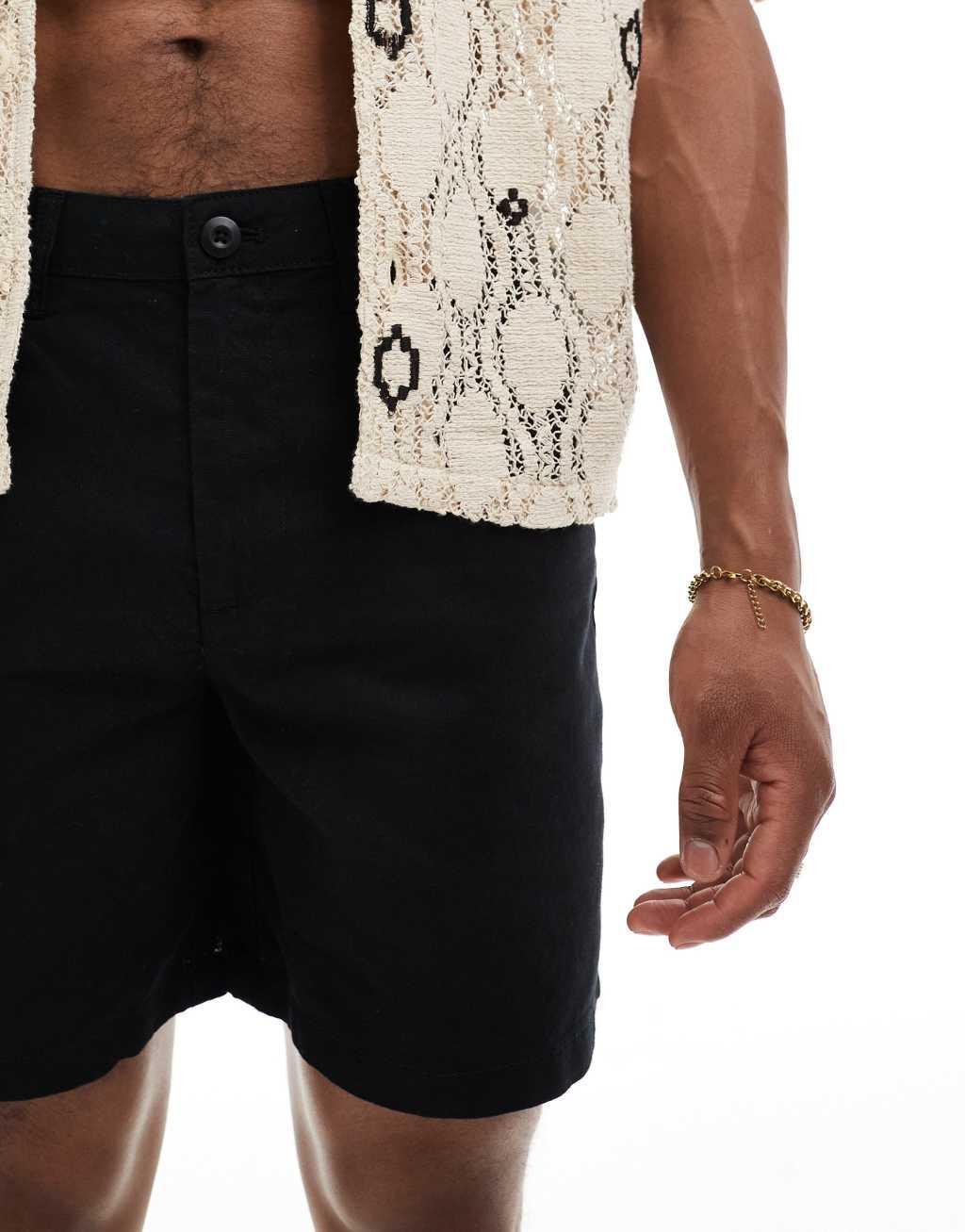 ASOS DESIGN wide linen mix shorts in black Product Image