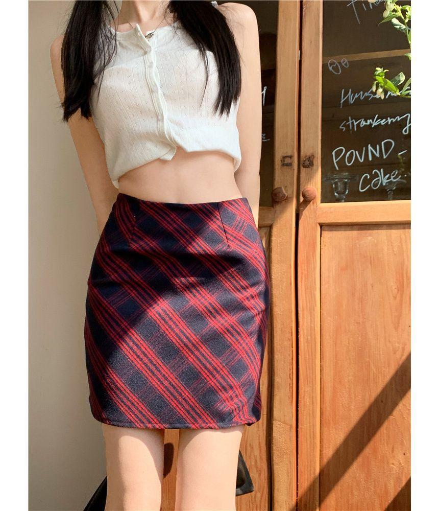 High Waist Plaid Mini Pencil Skirt Product Image