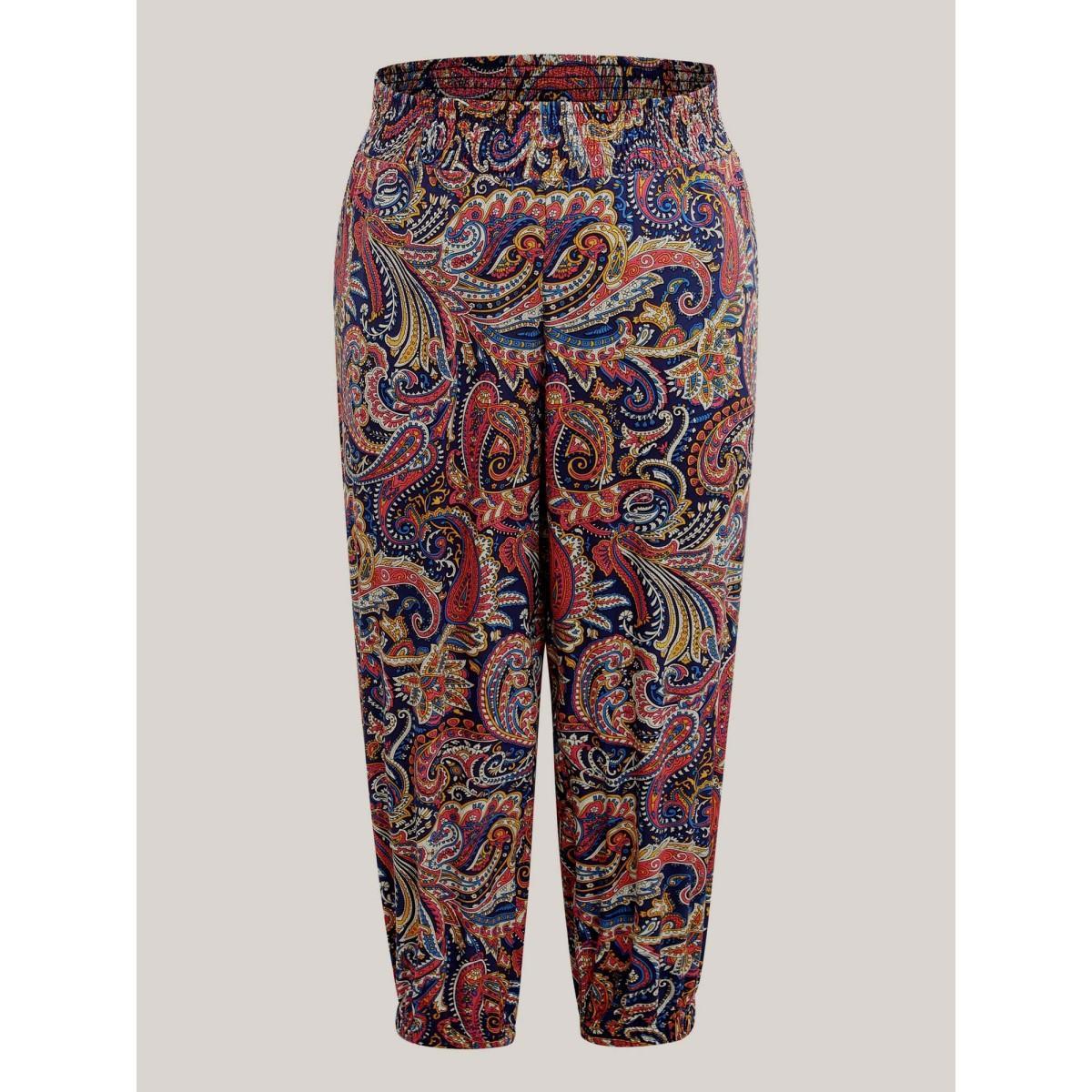 Plus Size Paisley Print Shirred Waist Jogger Pants Women Indigo Beach Bodycon Mid Rise Vacation Pants BloomChic 28/5X Product Image