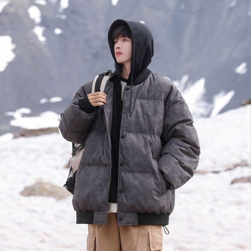 Washed Panel Hooded Button Puffer Jacket Product Image