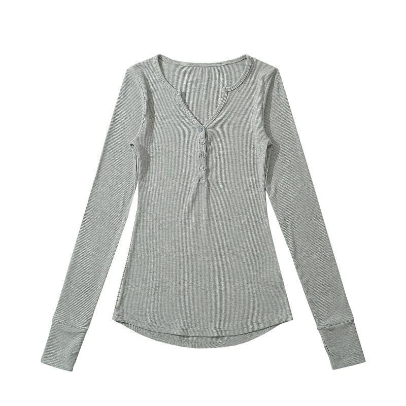 Long-Sleeve V-Neck Henley Ribbed Slim Fit Tee Product Image