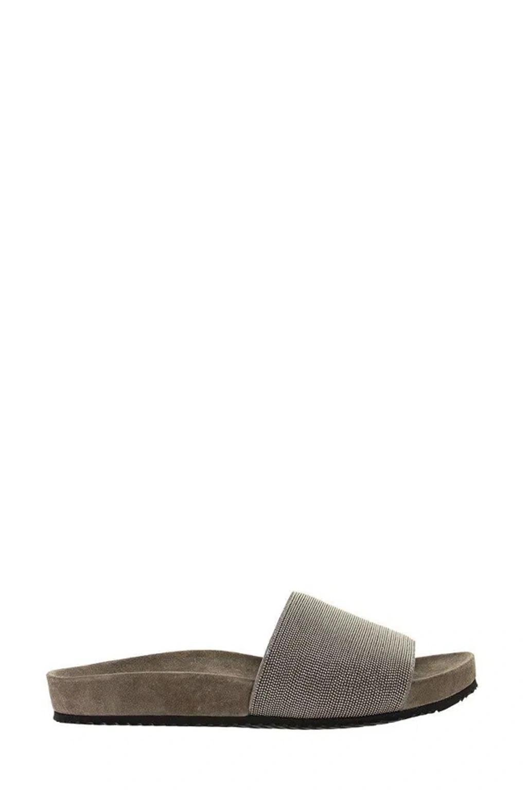 BRUNELLO CUCINELLI Bead-embellished Suede Slides In Grey Product Image