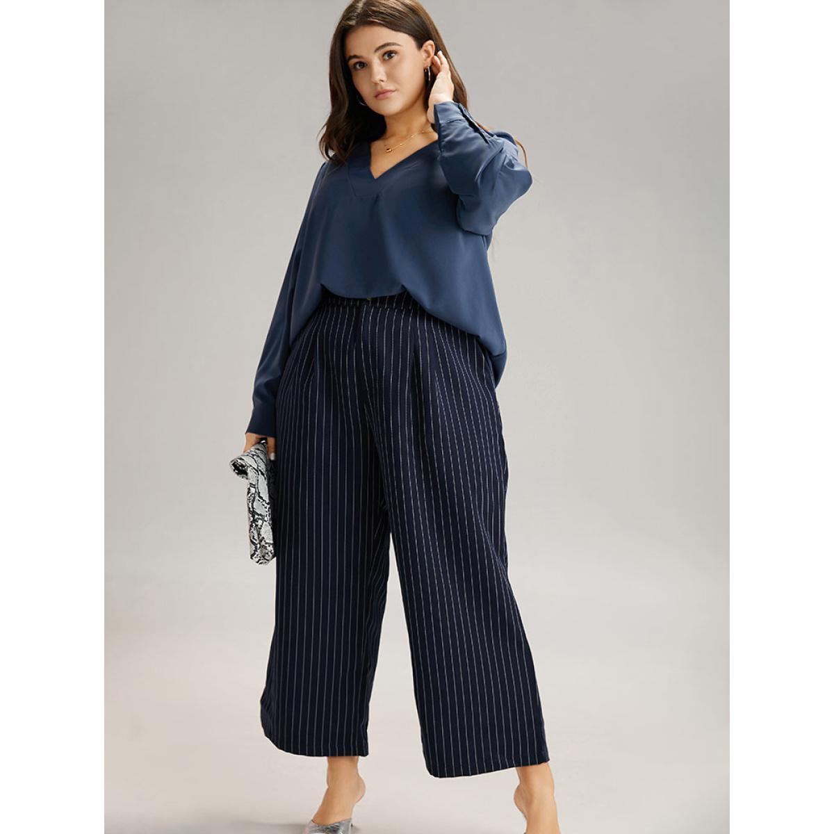 Plus Size Indigo Solid V Neck Button Up Pleated Blouse Women Office Long Sleeve V-neck Work Blouses BloomChic 30/6X Product Image