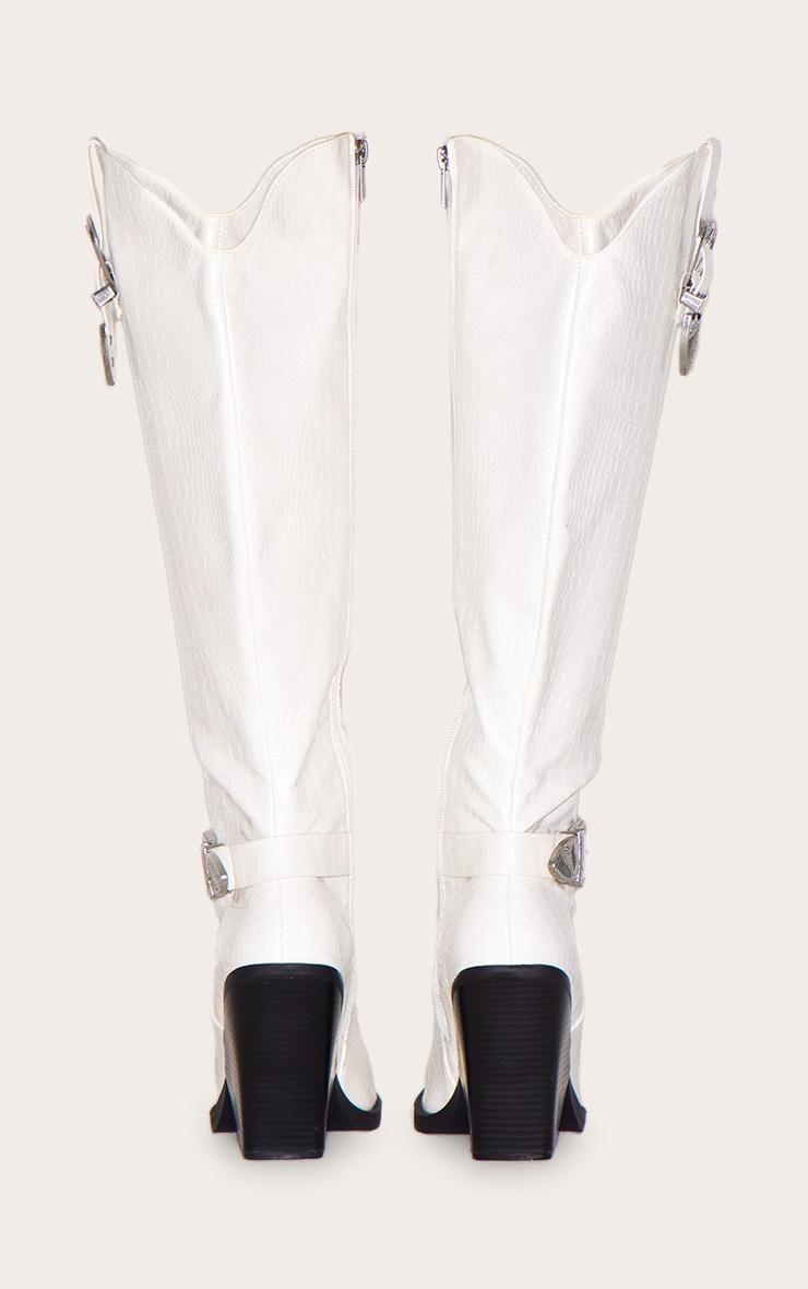 White Croc PU Point Toe High Block Heel Knee High Western Boots Product Image