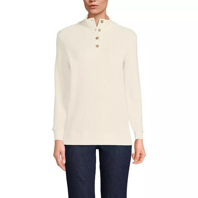 Women's Lands' End Long-Sleeve Waffle Knit Button Placket Top, Size: Large, Ivory Product Image