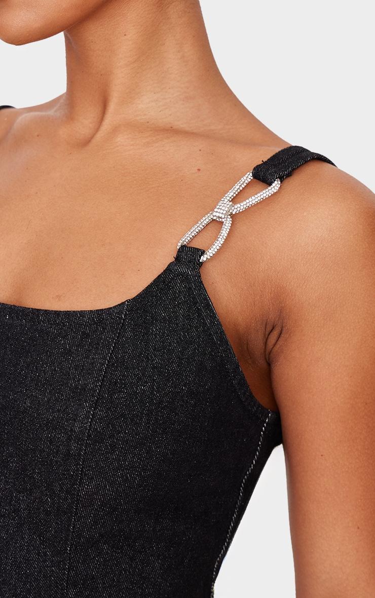 Black Diamante Chain Detail Strappy Denim Top Product Image