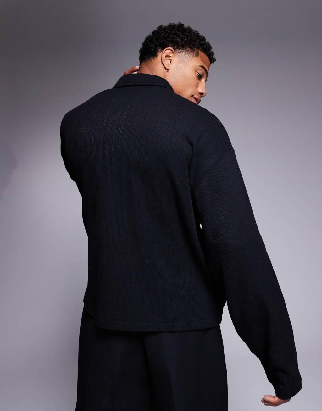 ASOS DESIGN oversized boxy zip through shacket with ribbed texture in black Product Image