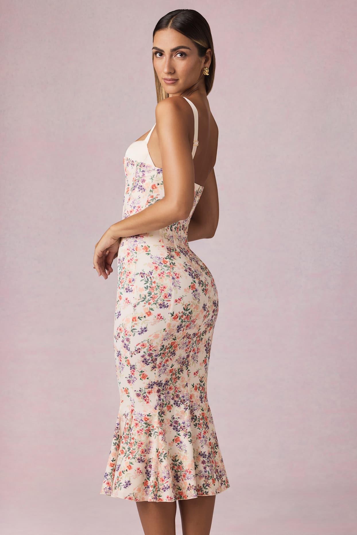 Layered Bra-Detail Fishtail Midaxi Dress in Primrose Floral Print Product Image