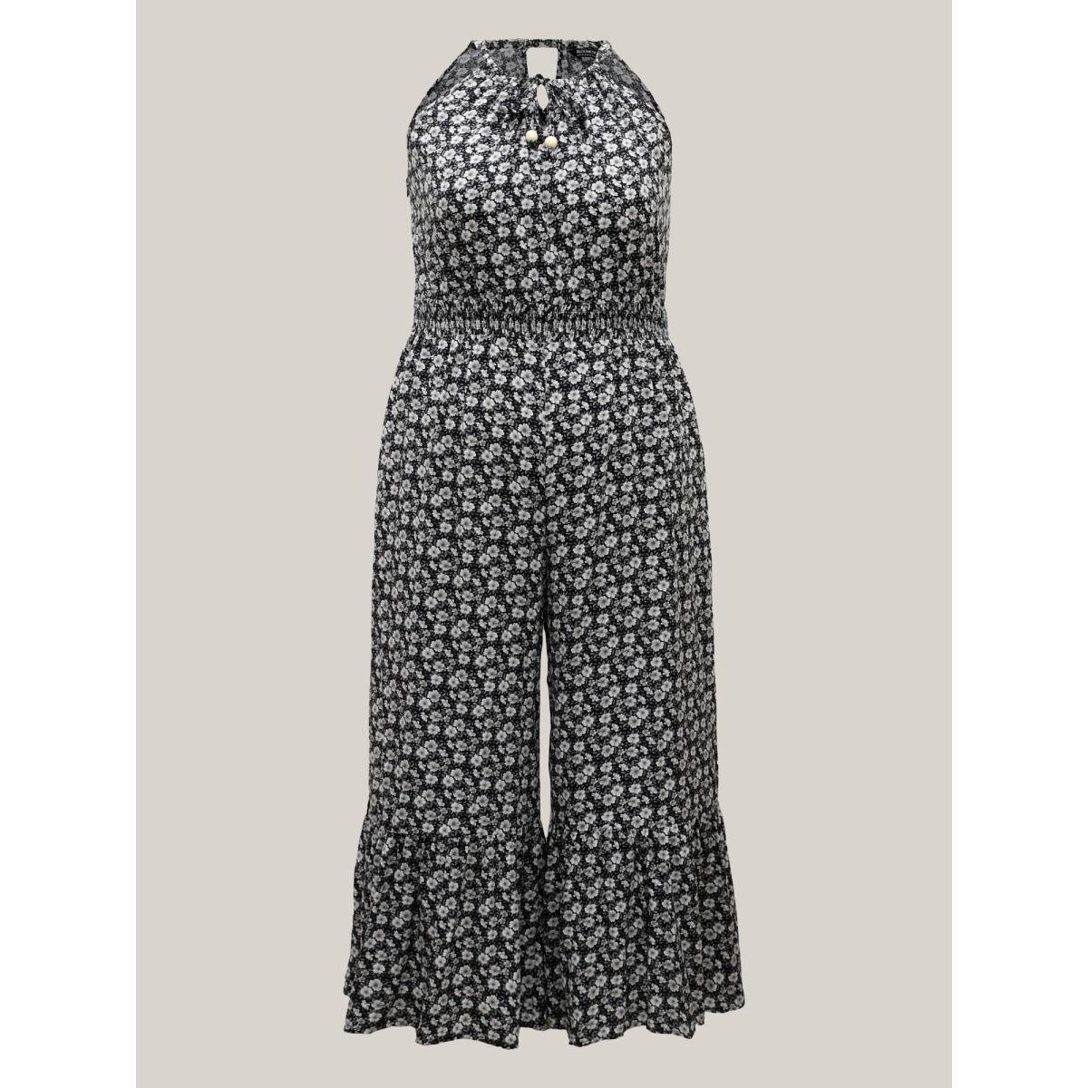 Plus Size BlackFlower Ditsy Floral Print Shirred Tie Jumpsuit Women Sleeveless Non Vacation Loose Jumpsuits BloomChic 12/L Product Image