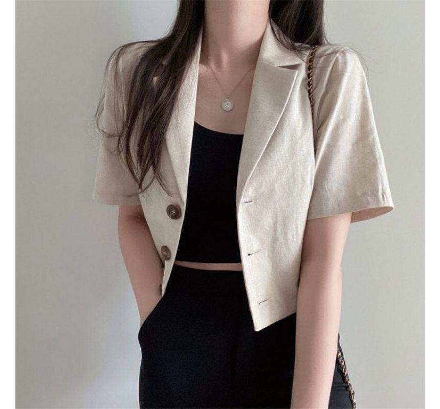 Short-Sleeve Plain Linen Crop Blazer Product Image