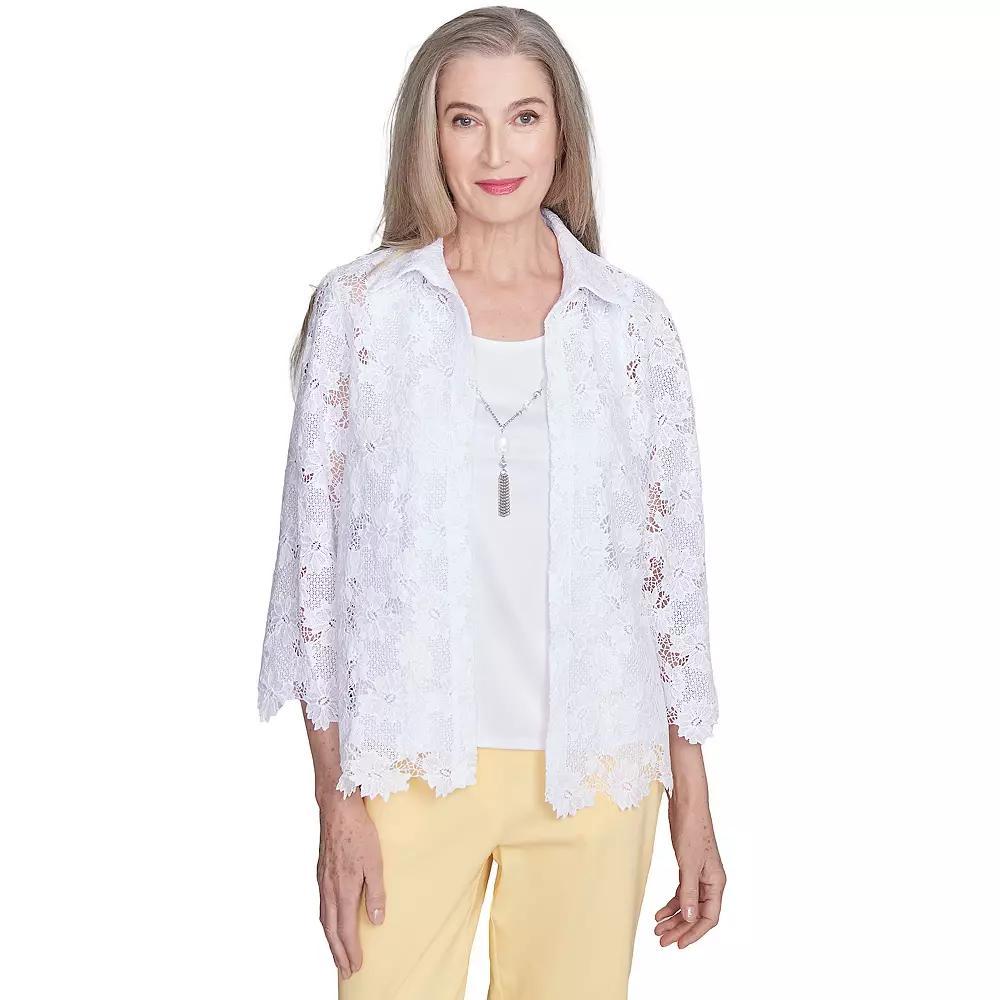 Women's Alfred Dunner Two-in-One Lace Top with Necklace, Size: Small, White Product Image