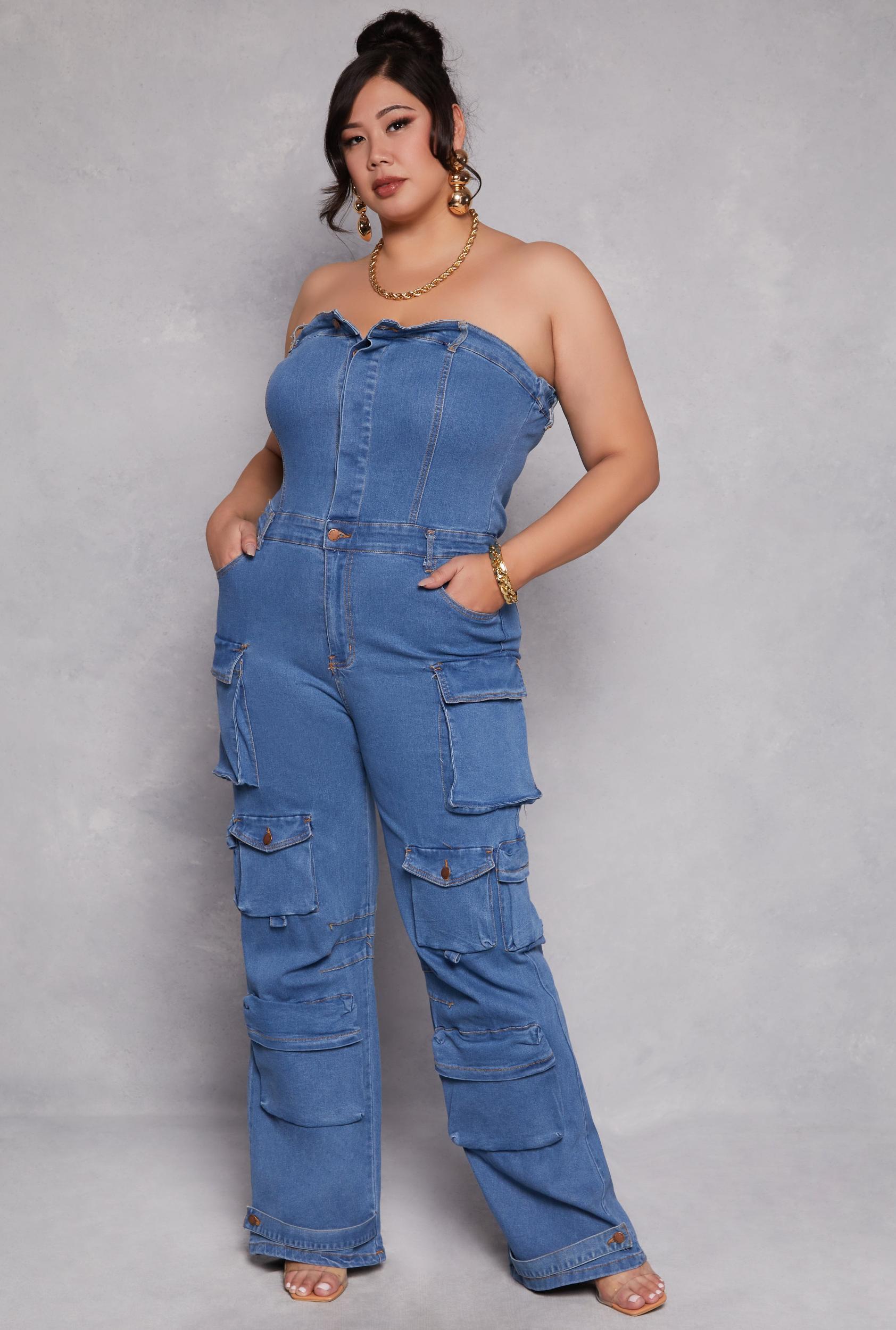 Womens Plus Size Daisy Denim Strapless Utility Jumpsuit Product Image