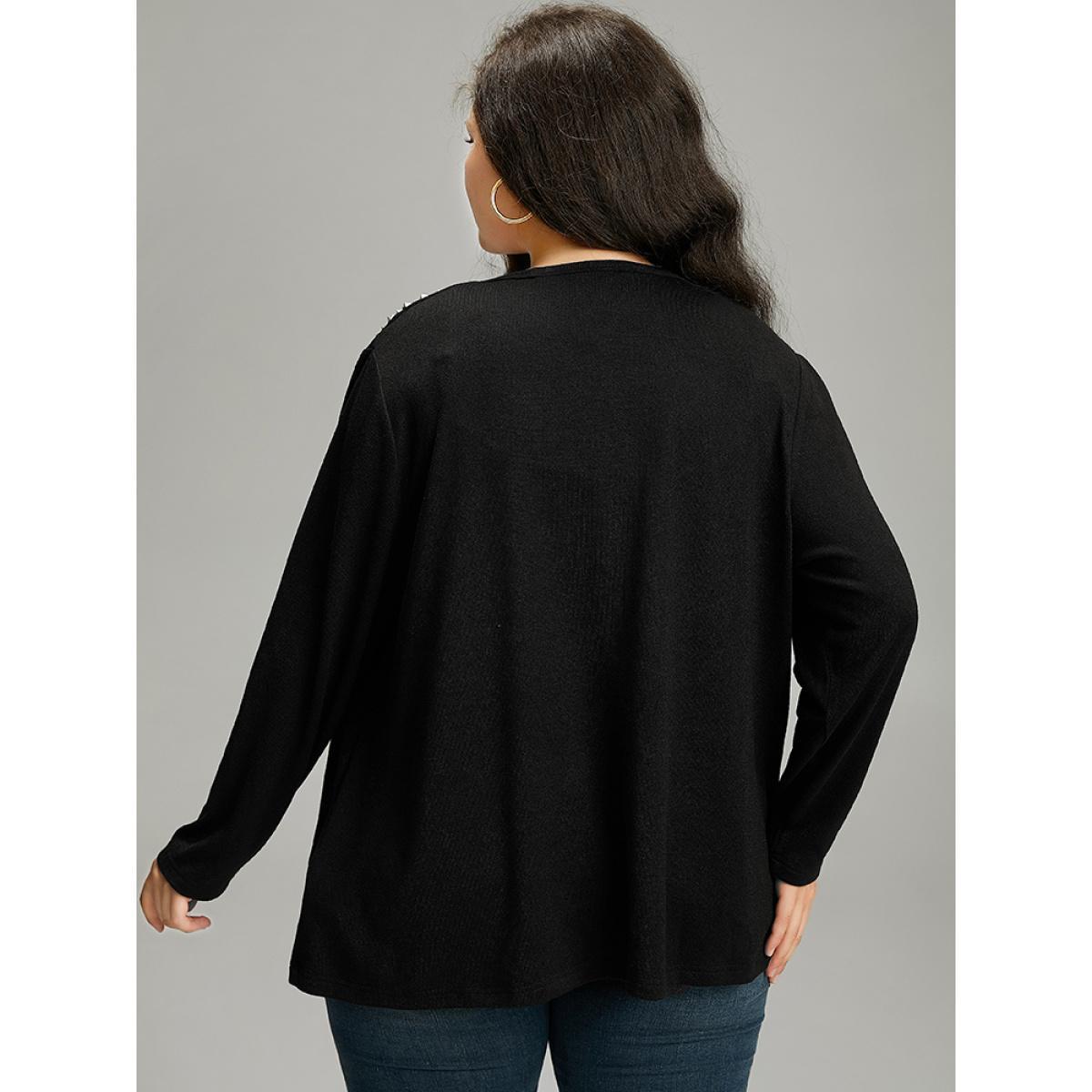 Plus Size Plain Rivets Detail Open Front Asymmetrical Hem Kimono Women Black Work From Home Texture Work Kimonos BloomChic 10/M Product Image