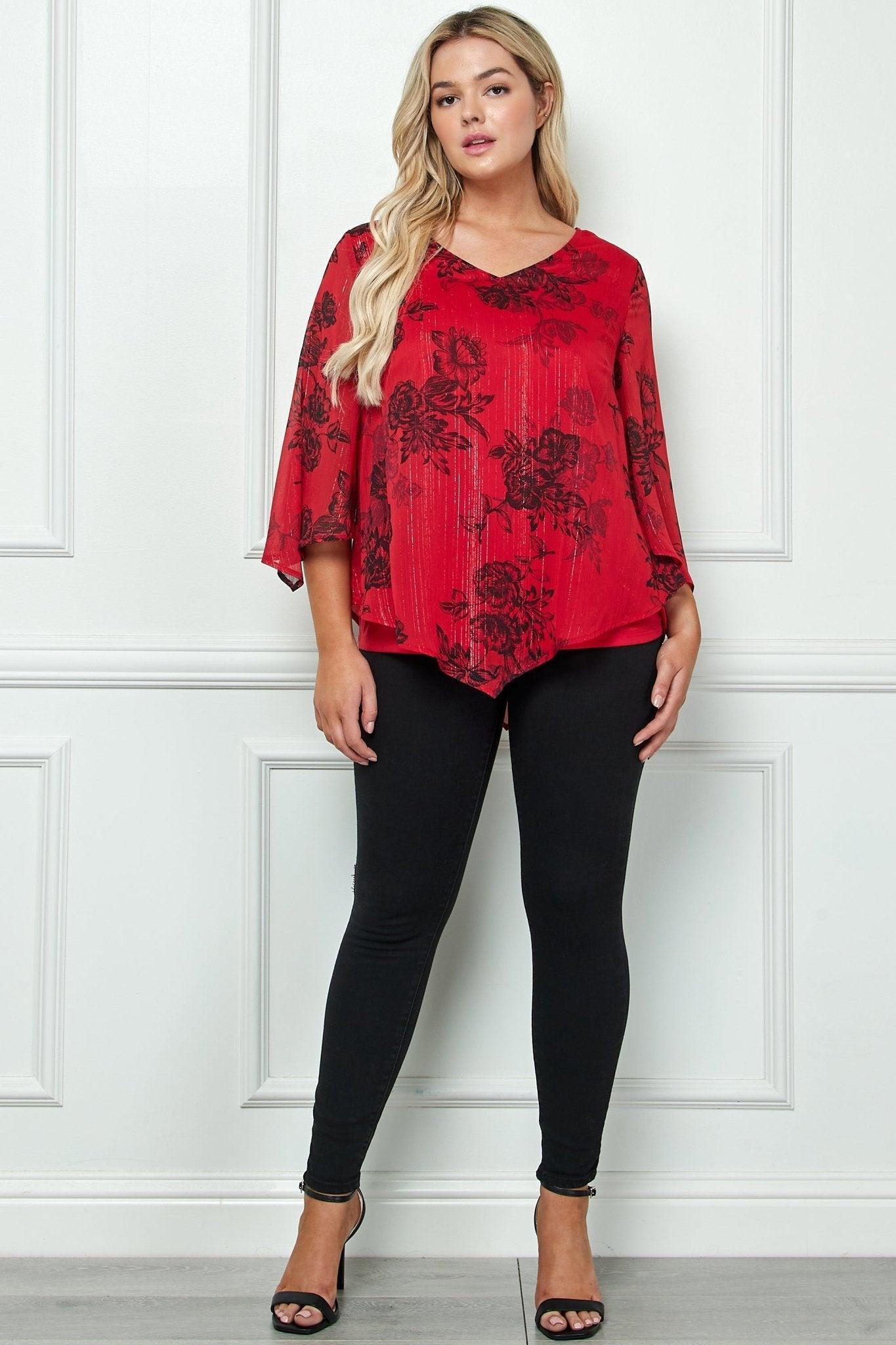3/4 Sleeve Hanky Hem V-Neck Blouse- Plus Product Image
