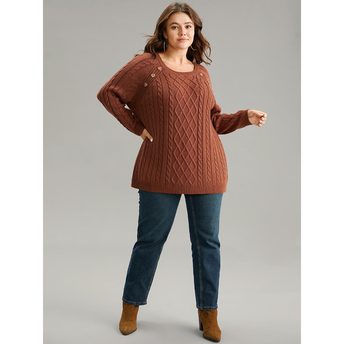 Plus Size Button Detail Cable Knit Raglan Sleeve Pullover Rust Women Casual Loose Long Sleeve Round Neck Dailywear Pullovers BloomChic 14-16/1X Product Image