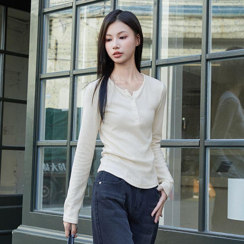 Long Sleeve Notch Neck Plain Button Ribbed Top Product Image