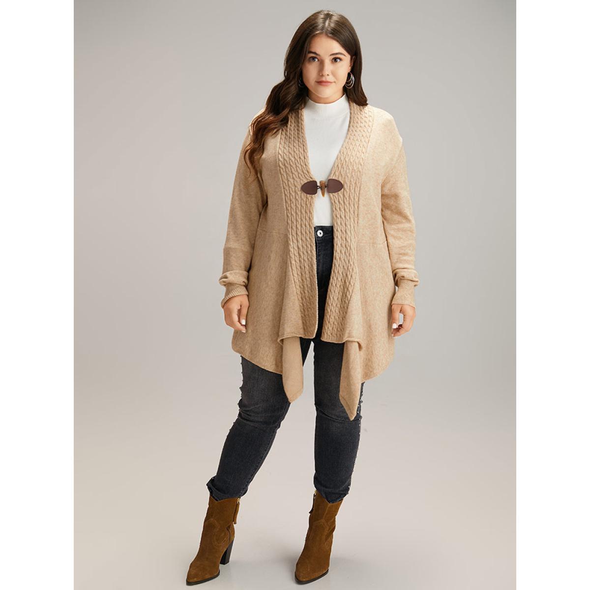 Plus Size Supersoft Essentials Textured Asymmetrical Duffle Button Cardigan Tan Women Casual Loose Long Sleeve Dailywear Cardigans BloomChic 18-20/2X Product Image