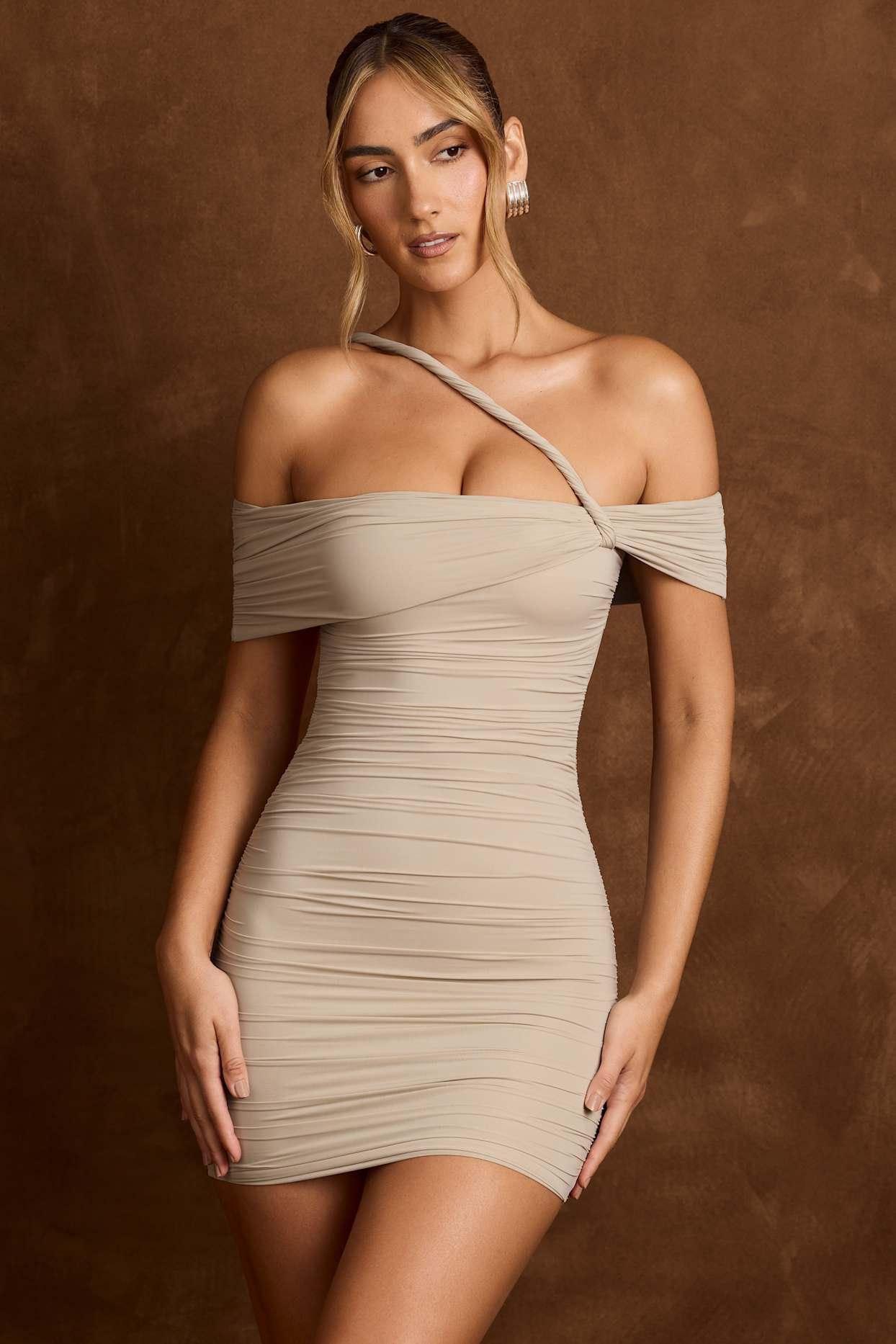 Off-Shoulder Draped Mini Dress in Light Grey Product Image