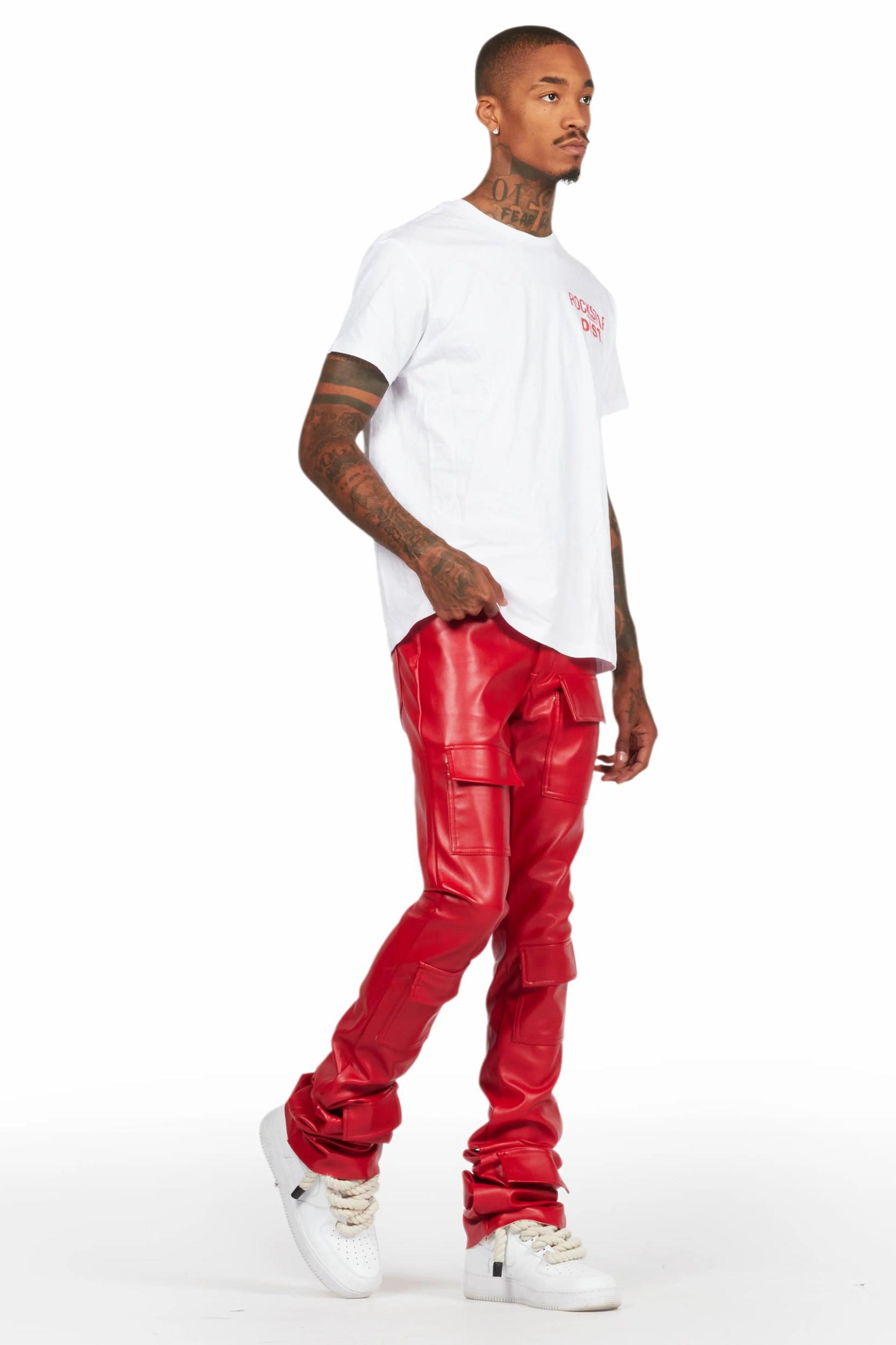 Petrus Red PU Stacked Flare Leather Jean Male Product Image