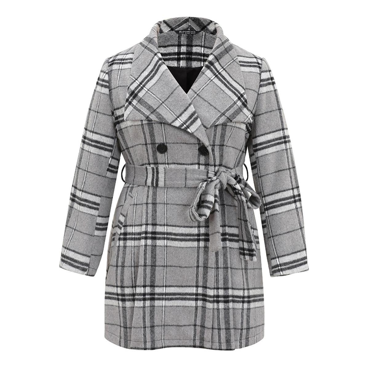 Plus Size Plaid Button Up Pocket Belted Lapel Collar Coat Women Black Casual Lined Ladies Dailywear Winter Coats BloomChic 30/6X Product Image