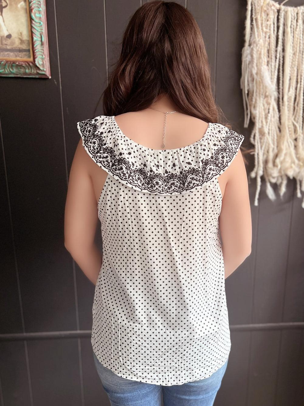 Ivory & Black Dot Embroidered Floral Ruffle Top Product Image
