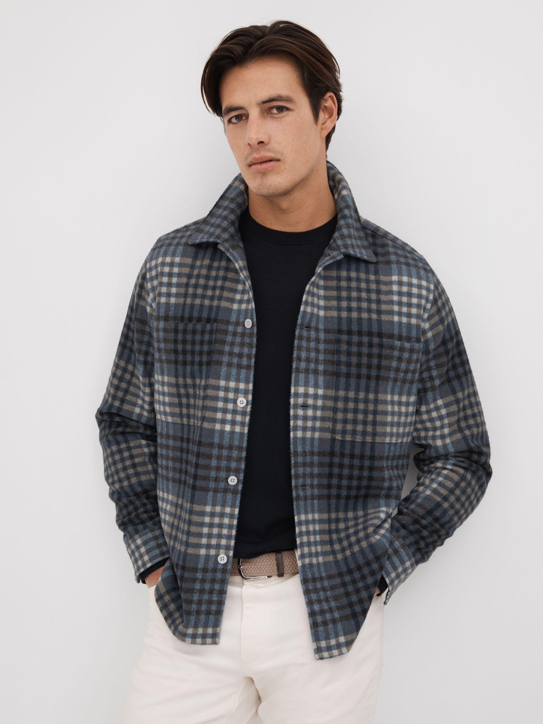 Brushed Check Button-Through Overshirt in Blue Multi Product Image