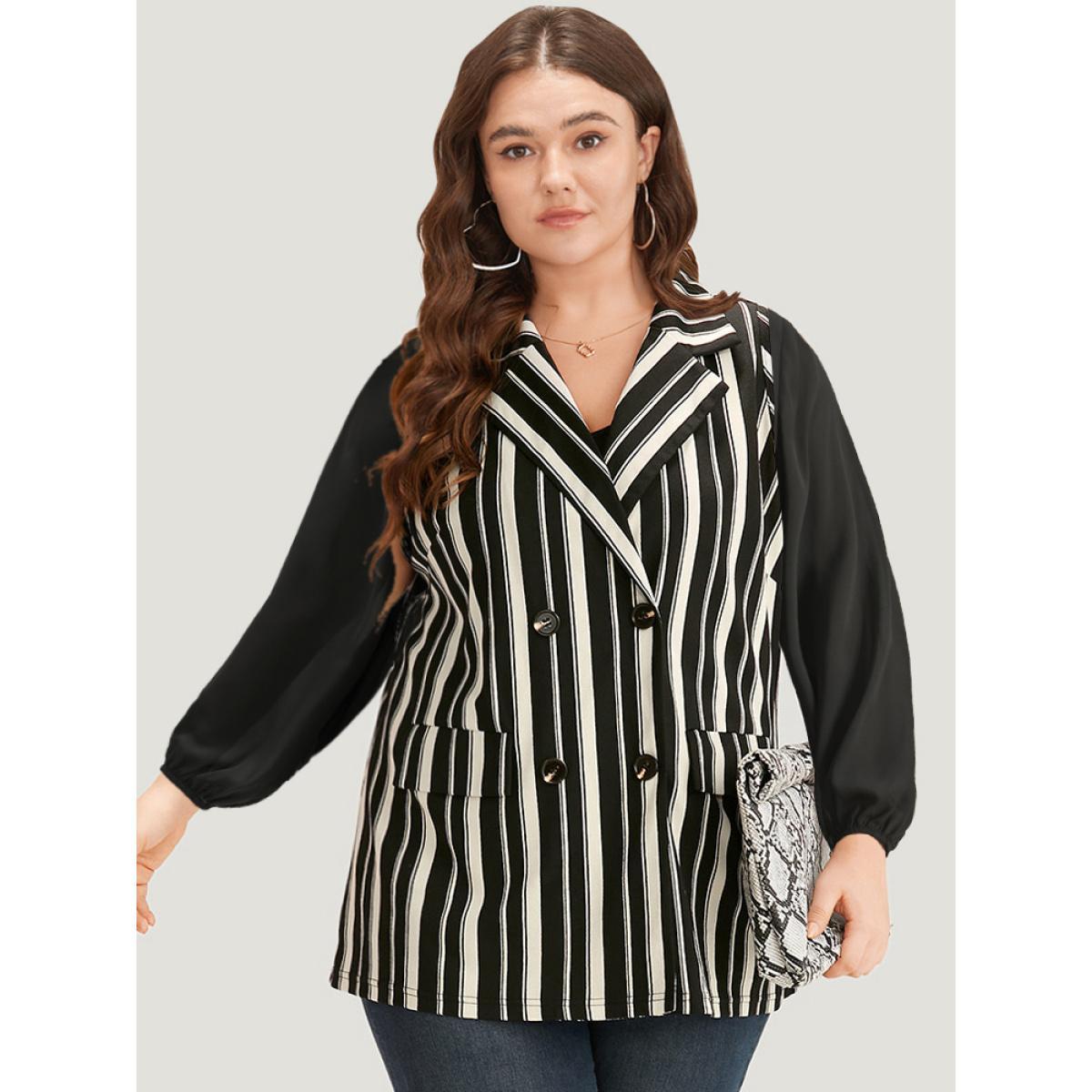 Plus Size Halloween Striped Pocket Double Breasted Lapel Collar Sleeveless Blazer Black Women Work Striped Contrast Sleeveless Sleeveless Lapel Collar 26/4X Pocket Office Blazers BloomChic Product Image