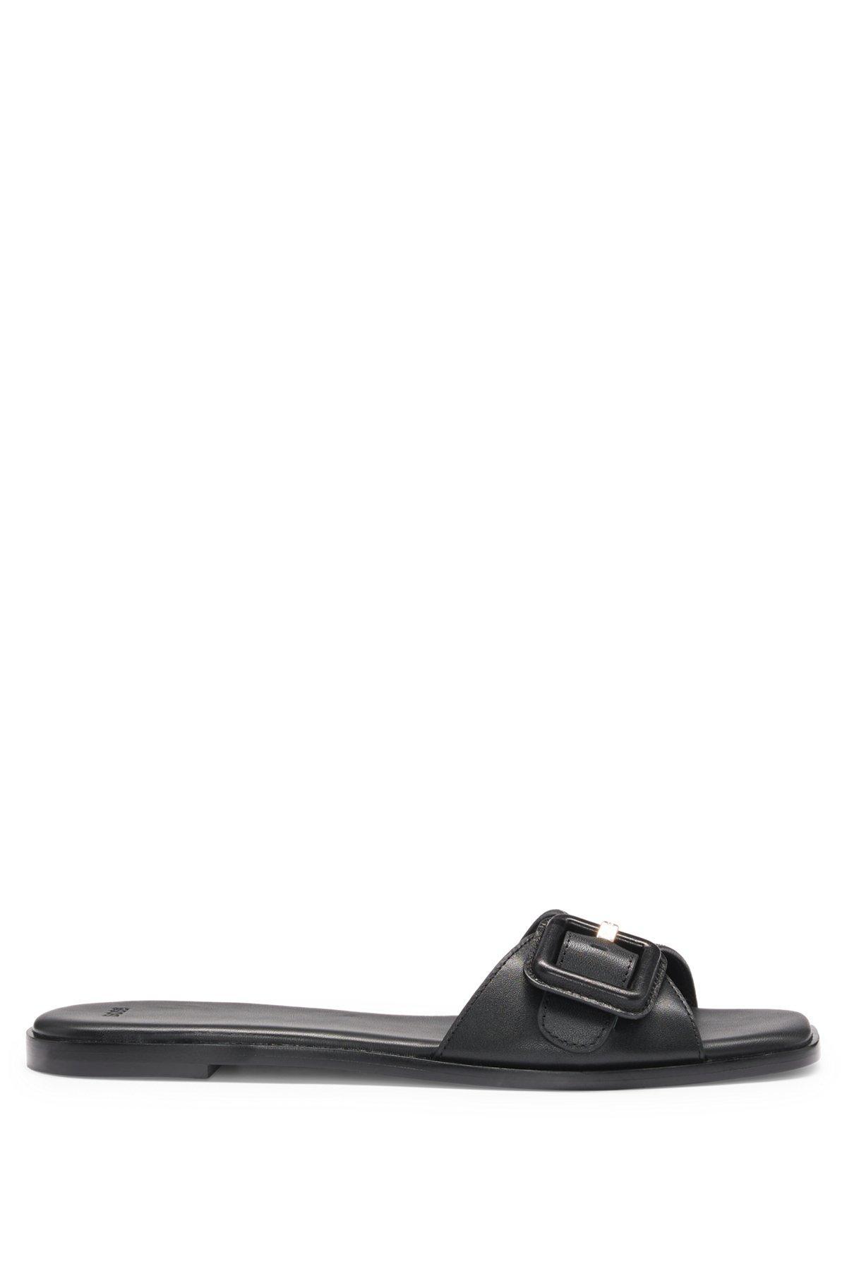 BOSS - Leather slides with logo-detail buckle - Black Product Image