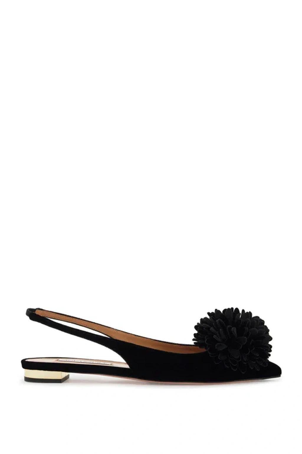 AQUAZZURA Couturier Velvet Pom Slingback Ballerina Flats In Black Product Image