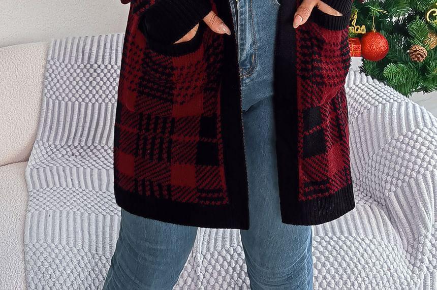 Plaid Contrast Trim Open Front Long Cardigan Product Image