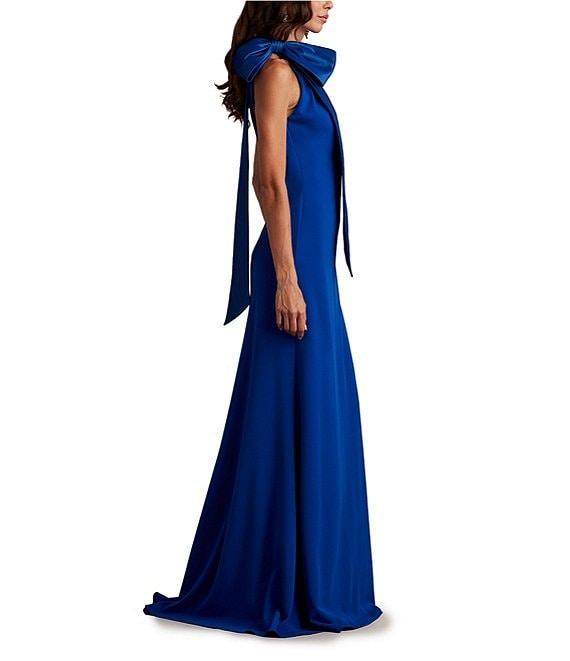 Tadashi Shoji Crepe Halter Mock Neck Taffeta Bow Sleeveless Gown Product Image