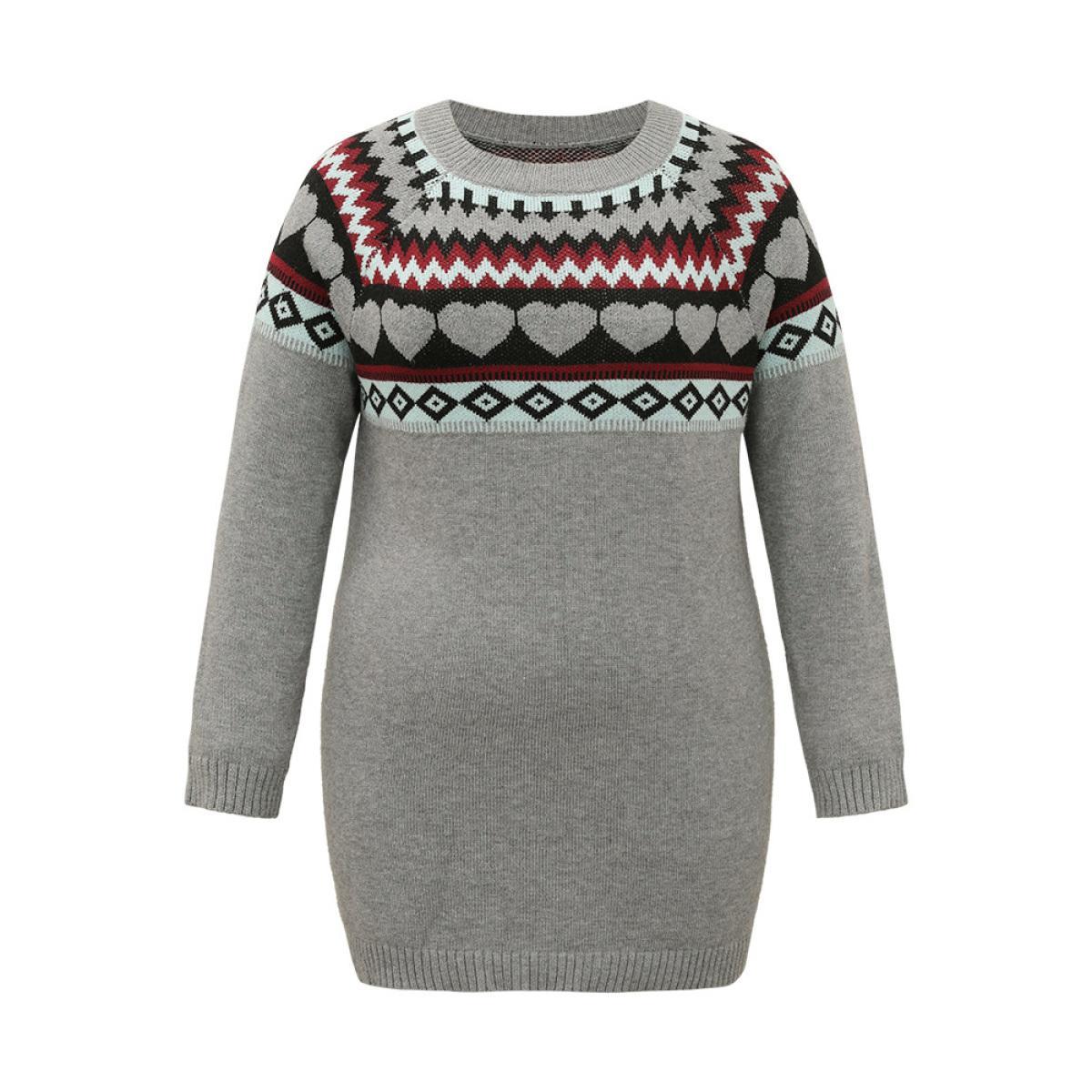 Plus Size Heart & Geo Print Raglan Sleeve Pullover DarkGray Women Casual Loose Long Sleeve Round Neck Dailywear Pullovers BloomChic 22-24/3X Product Image