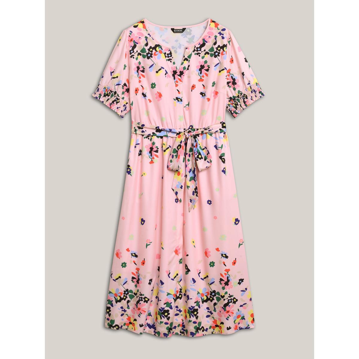 Plus Size Floral Print Elastic Cuffs Belted Midi Dress Crepe Women Flat collar with V-notch Short sleeve Curvy BloomChic 12/L Product Image