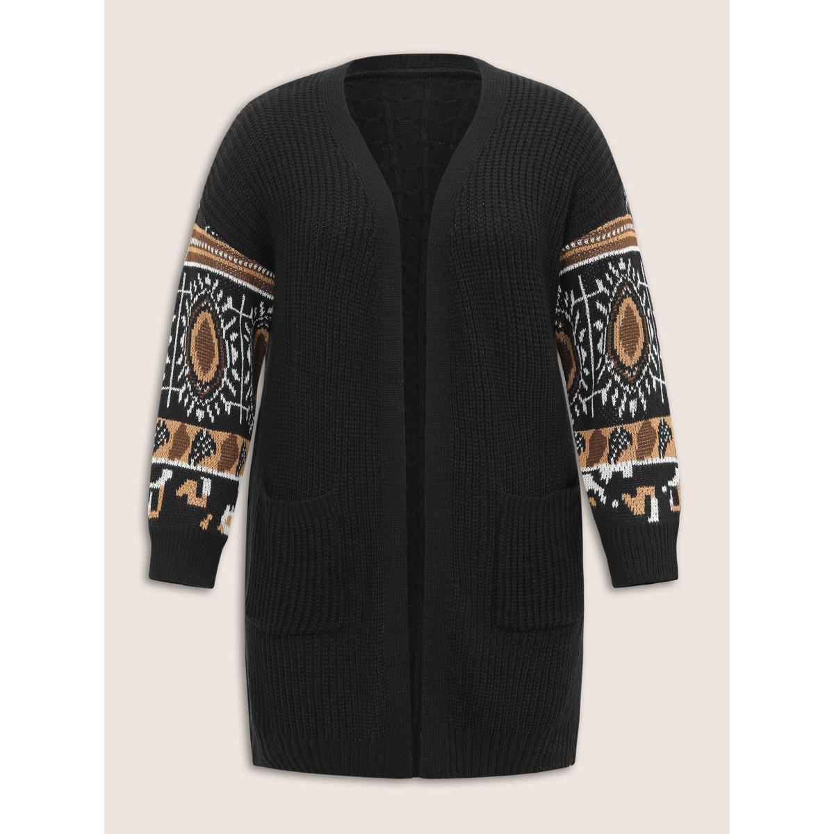 Plus Size Geometric Jacquard Patchwork Split Hem Cardigan Black Women Casual Loose Long Sleeve Everyday Cardigans BloomChic 12/L Product Image