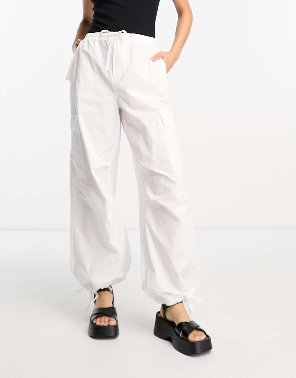 Bershka Petite tie waist nylon cargo parachute pants Product Image
