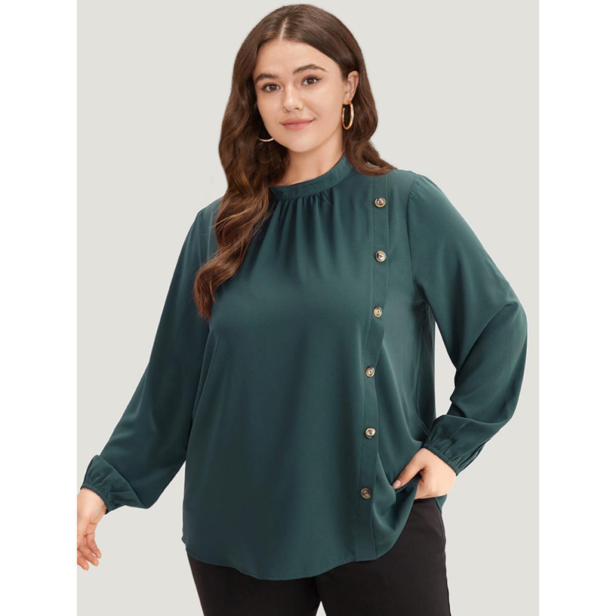 Plus Size Cyan Anti-Wrinkle Asymmetrical Button Gathered Blouse Women Office Long Sleeve Round Neck Work Blouses BloomChic 28/5X Product Image