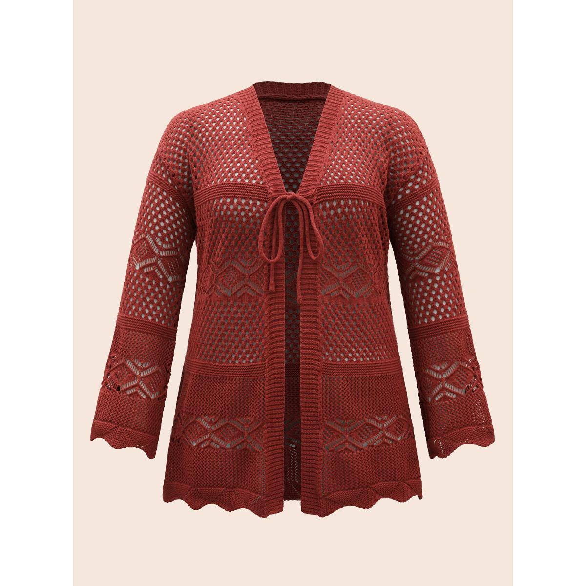 Plus Size Texture Tie Knot Bell Sleeve Cardigan Russet Women Casual Loose Three Quater Length Sleeve Everyday Cardigans BloomChic 14-16/1X Product Image