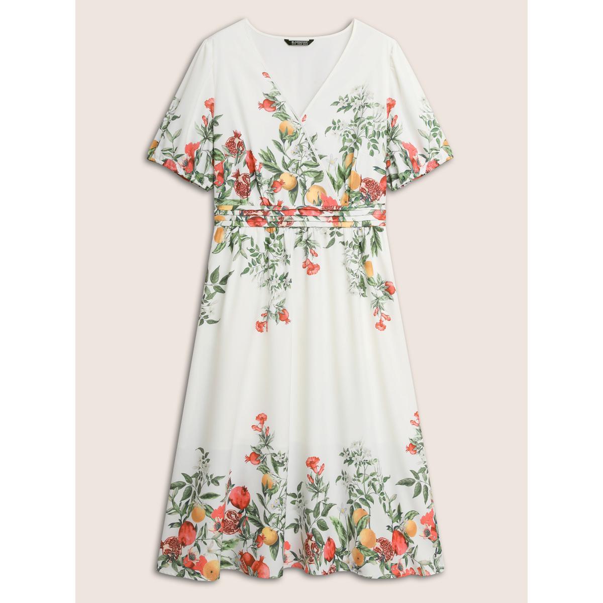 Plus Size Citrus Fruit Print Surplice Neck Pleated Dress White Women Elegant Overlapping Overlap Collar Short sleeve Curvy BloomChic 18-20/2X Product Image