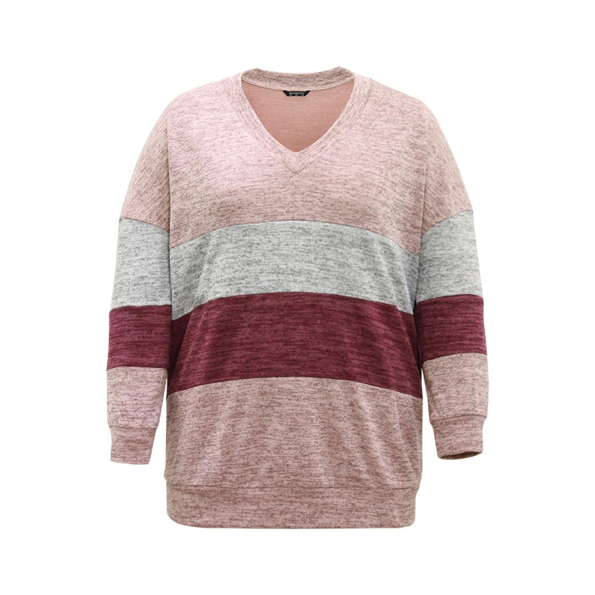 Plus Size Heather Colorblock Long Sleeve Sweatshirt Women Multicolor Casual Heather V-neck Dailywear Sweatshirts BloomChic 22-24/3X Product Image
