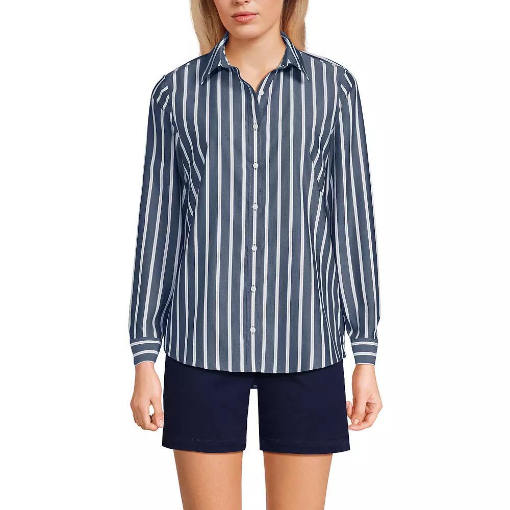 Women's Lands' End No-Iron Long Sleeve Supima Cotton Shirt, Size: 2, Navy White Stripe Product Image