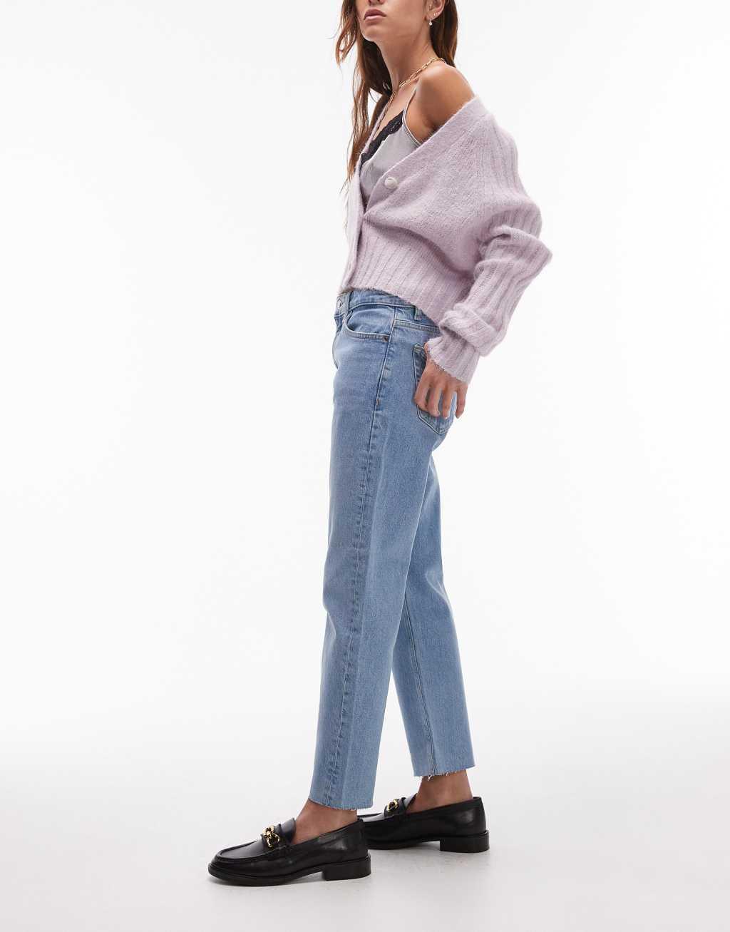 Topshop cropped mid rise straight jeans with raw hems in bleach Product Image