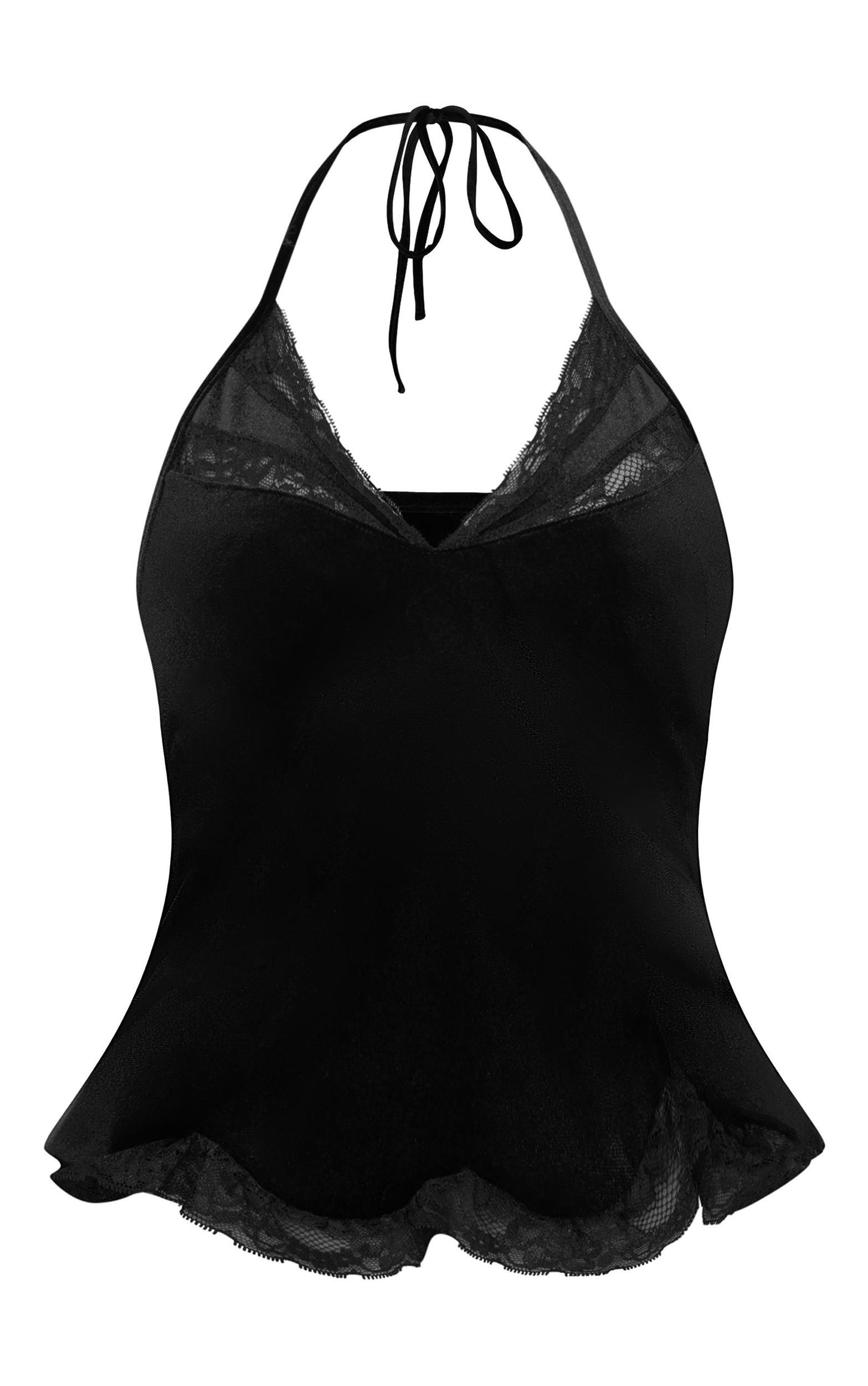 Black Velvet Lace Trim Low Back Halterneck Long Top Product Image