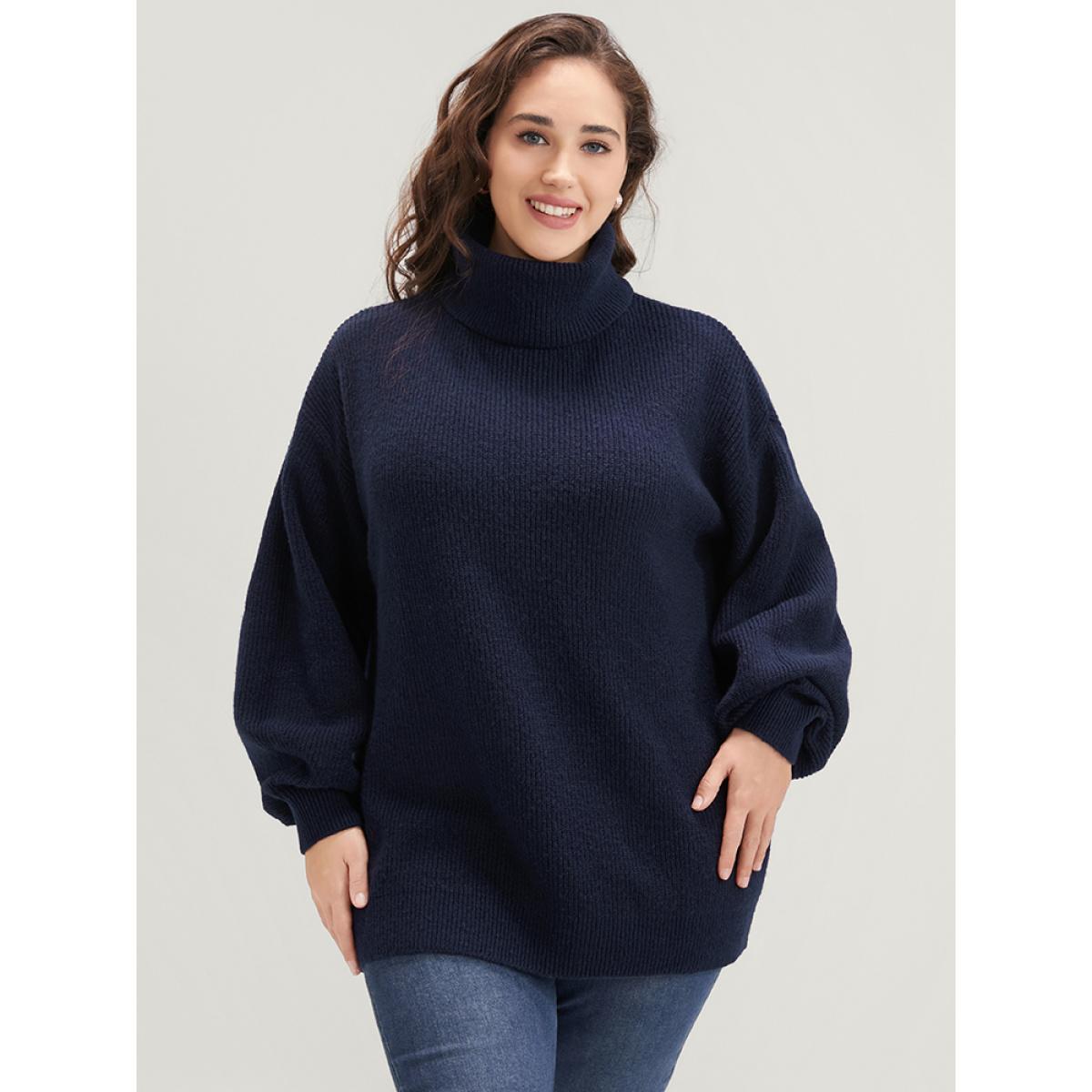 Plus Size Solid Rib Knit Lantern Sleeve Funnel Neck Sweater Midnight Women Elegant Loose Long Sleeve Turtleneck Dailywear Pullovers BloomChic 22-24/3X Product Image