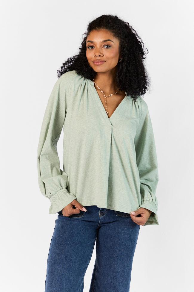 Simply You Sage Knit Notched Neck Long Sleeve Blouse FINAL SALE Product Image